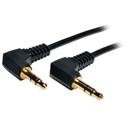 Close-up view of gold-plated right angle 3.5mm audio connectors with black housing