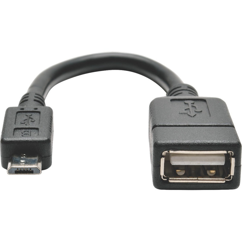 Close-up view of Tripp Lite USB OTG adapter showing detailed USB-A female port and Micro-B male connector