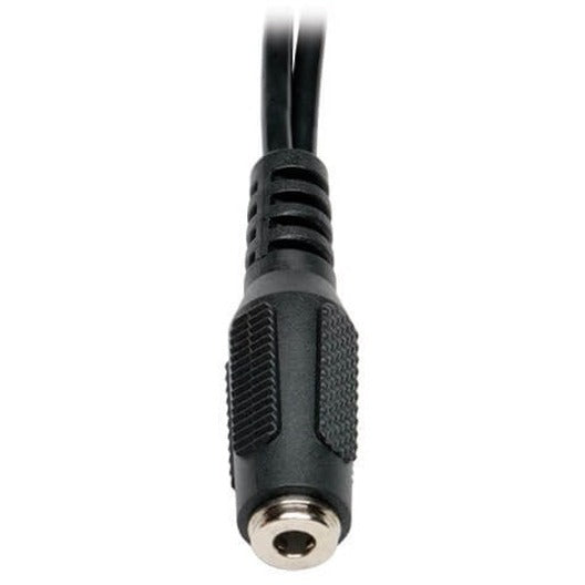 Close-up of black textured female audio connector with strain relief design