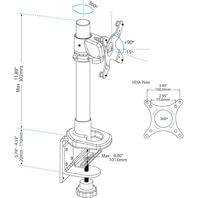 Technical diagram showing adjustment ranges and VESA mounting specifications of the ARMPIVOT monitor mount