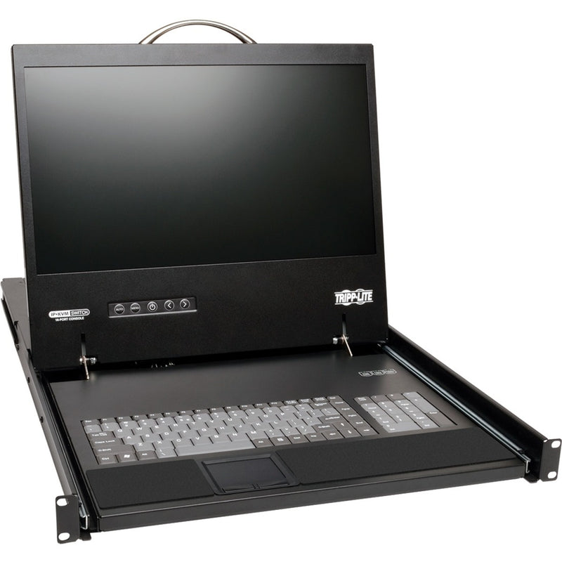 Front view of Tripp Lite KVM console showing 19-inch LCD screen and keyboard in open position