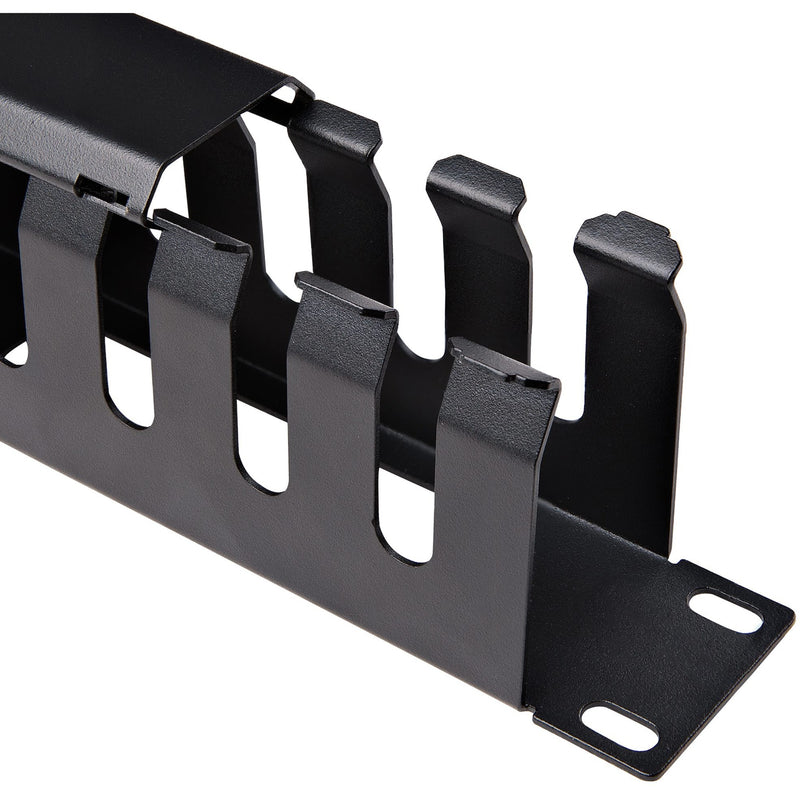 Detailed view of cable management panel finger construction and mounting bracket