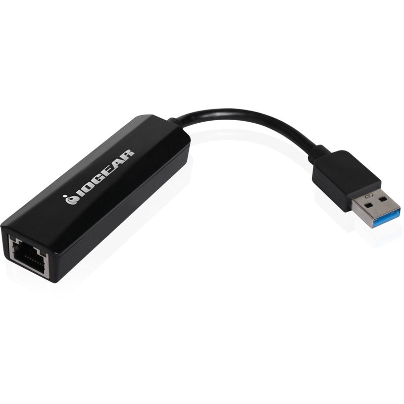 IOGEAR GUC3100 USB 3.0 to Gigabit Ethernet adapter featuring a black housing with USB 3.0 connector and RJ-45 port