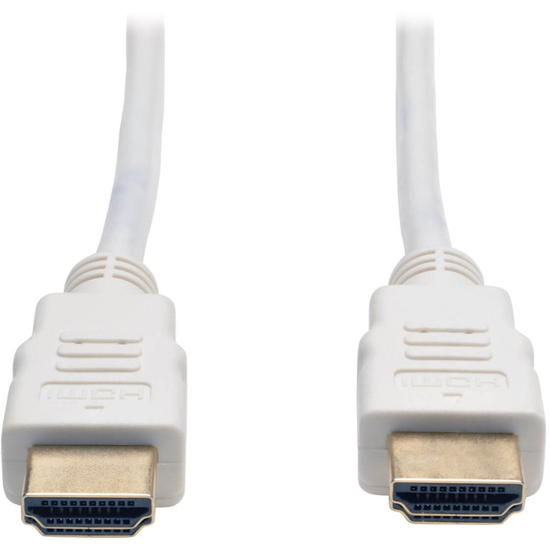 Close-up view of white HDMI cable connectors with gold-plated contacts showing premium build quality