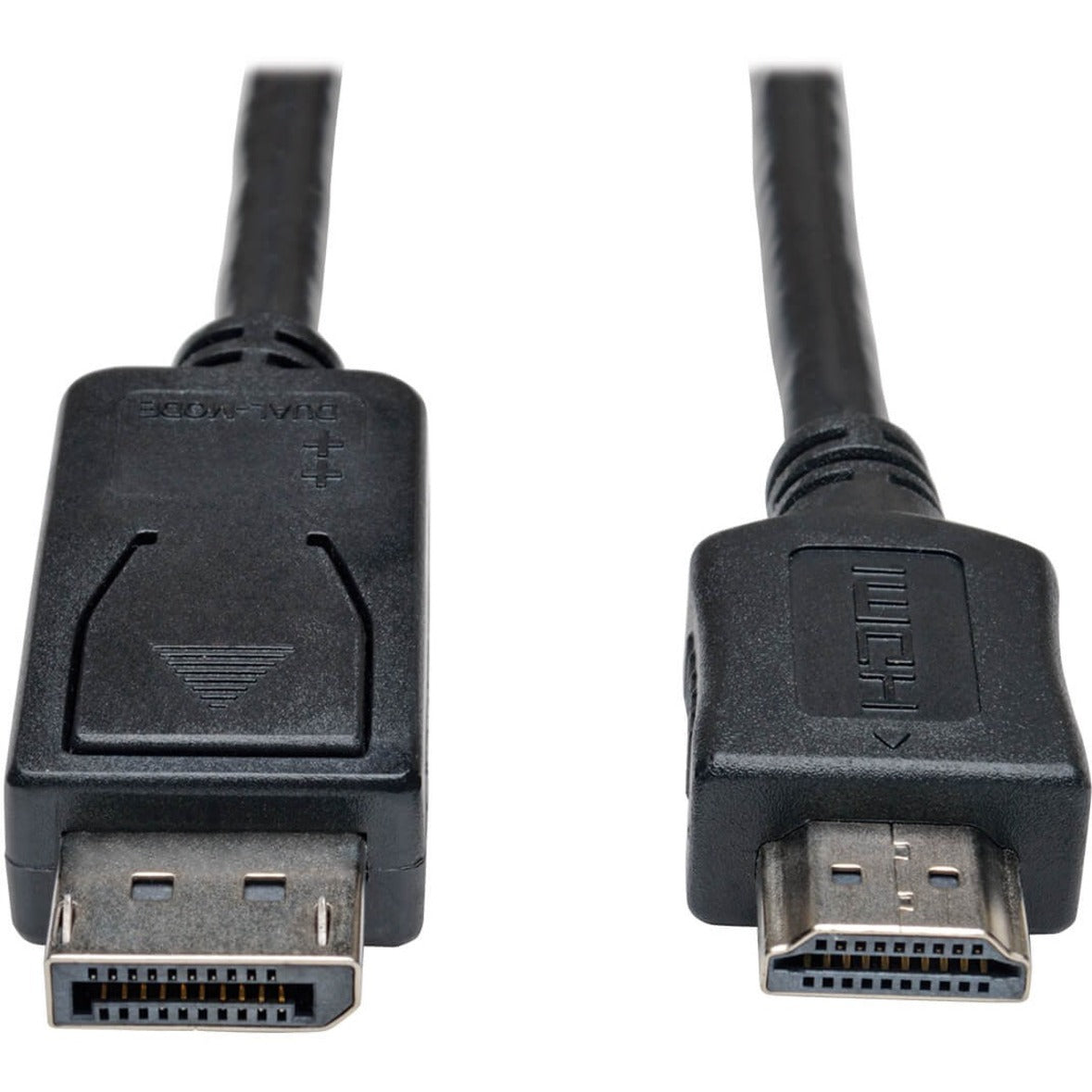 Close-up view of DisplayPort and HDMI male connectors on Tripp Lite P582-010 cable showing detailed connector design-alternate-image1