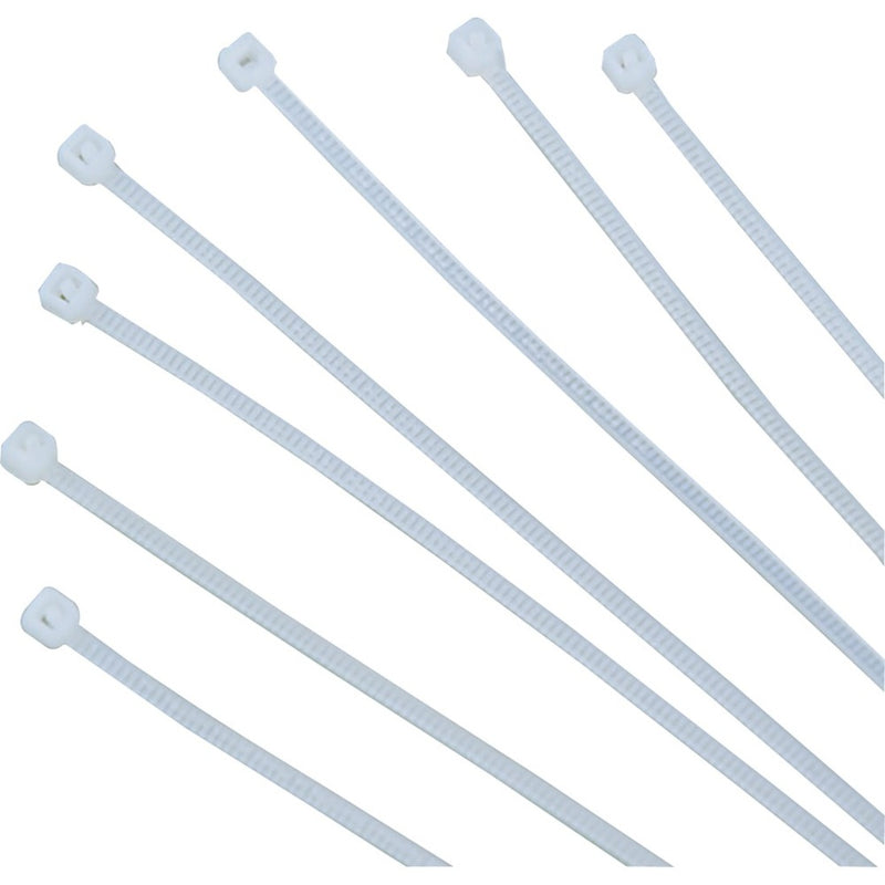 Close-up view of gray 7.5-inch nylon cable ties showing serrated design and locking mechanism