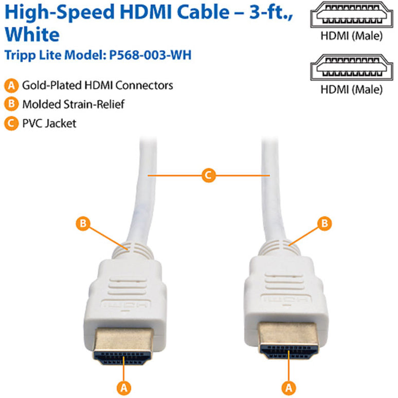 تريب لايت كبل HDMI عالي السرعة ، فيديو رقمي مع صوت (ذكر / ذكر) ، أبيض ، 3 قدم