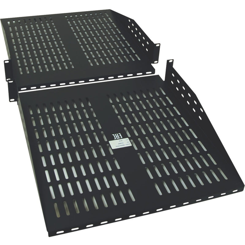 Black vented 2U rack shelf with cantilever mount design showing perforated surface pattern for airflow