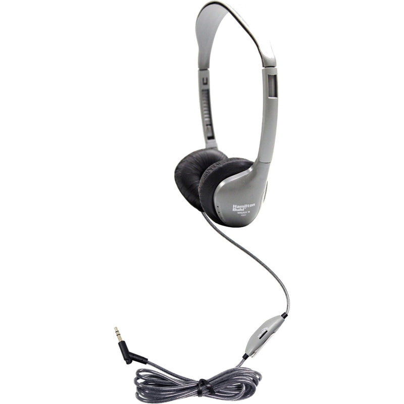 Side view of Hamilton Buhl MS2LV headphones showing adjustable headband, ear cushions and braided cable with volume control