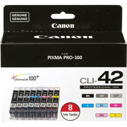 Canon CLI-42 eight-color ink tank value pack showing individual cartridges and ChromaLife100+ technology for PIXMA PRO-100 printer-alternate-image1