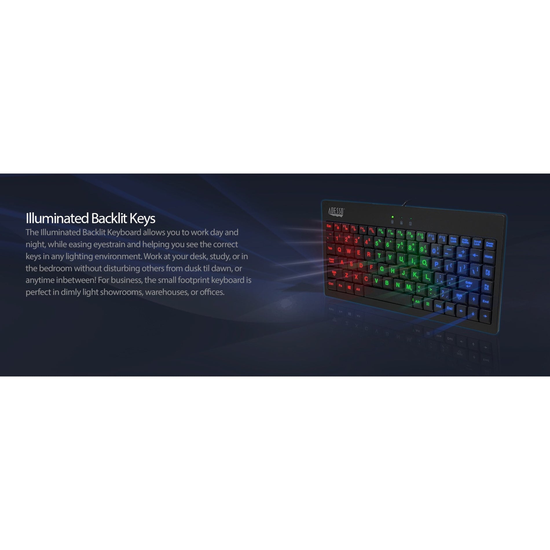 Adesso AKB-110EB 3-Color Illuminated Mini Keyboard, Backlit, Quiet Keys, USB Wired