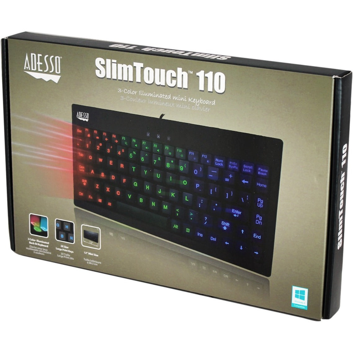 Adesso AKB-110EB Teclado Mini Iluminado de 3 Colores Retroiluminado Teclas Silenciosas USB Conectado