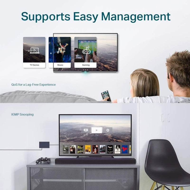 Interface showing entertainment management features including TV series, music, and gaming options with QoS settings