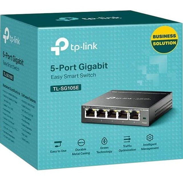 Retail packaging of TP-Link TL-SG105E switch showing product features and business solution branding