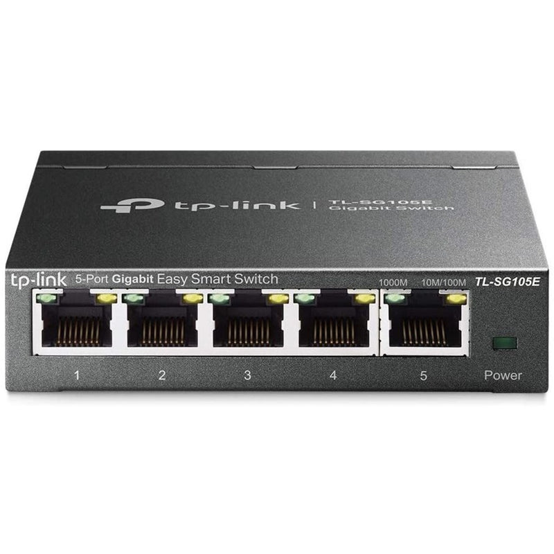 Front view of TP-Link TL-SG105E 5-port gigabit smart switch showing five ethernet ports with LED indicators