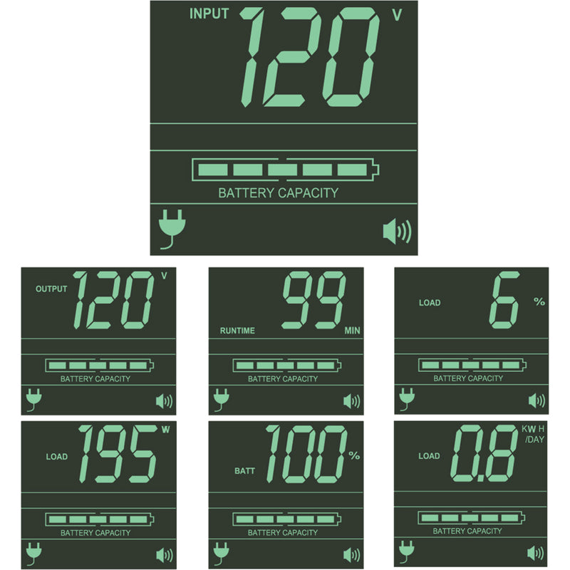 Multiple LCD screen displays showing various UPS monitoring parameters