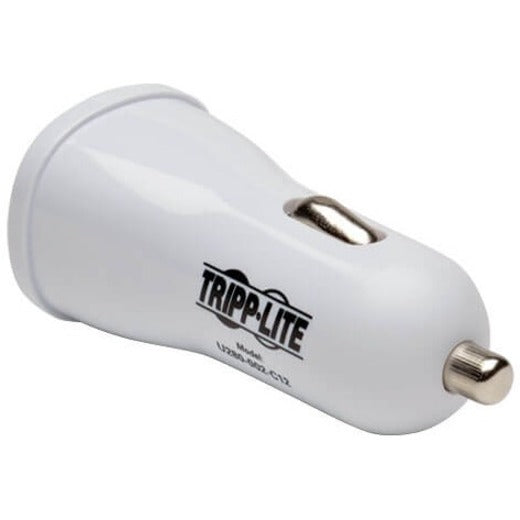 Angled view of white Tripp Lite car charger showing streamlined design