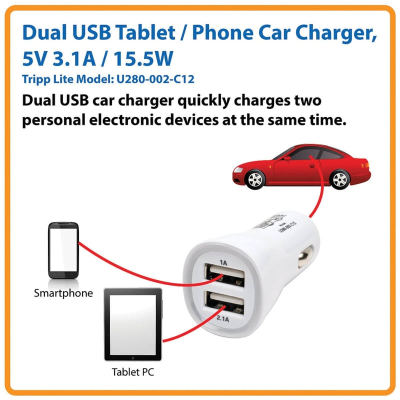 Diagram showing car charger connected to smartphone and tablet