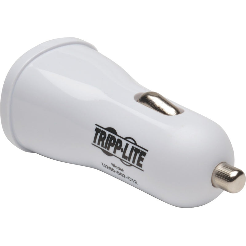 Side view of Tripp Lite car charger showing compact white design and model number