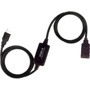 15-foot black USB extension cable with built-in active repeater module showing male to female USB Type A connections