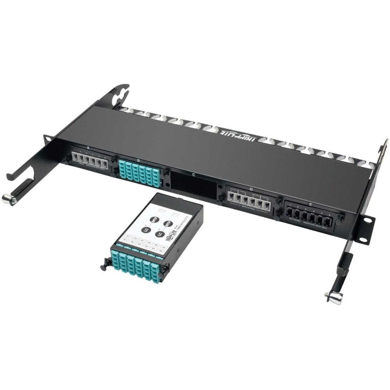 Front view of Tripp Lite N482-2M12-LC12 fiber breakout cassette showing LC ports and mounting brackets-alternate-image1