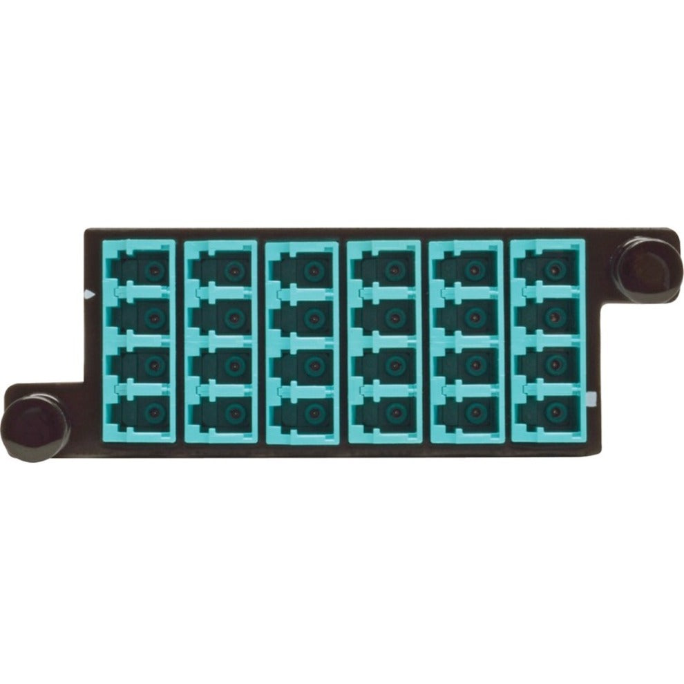 Close-up of aqua-colored OM4 fiber ports on N482-2M12-LC12 cassette-alternate-image2