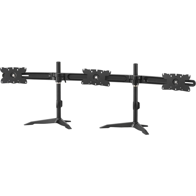 AMR3S32 triple monitor stand in black featuring dual support columns and three VESA mount brackets with articulating arms