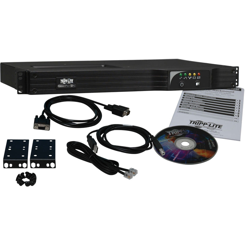 Tripp Lite SM1000RM1UTAA UPS shown with included mounting hardware, cables, software CD and documentation