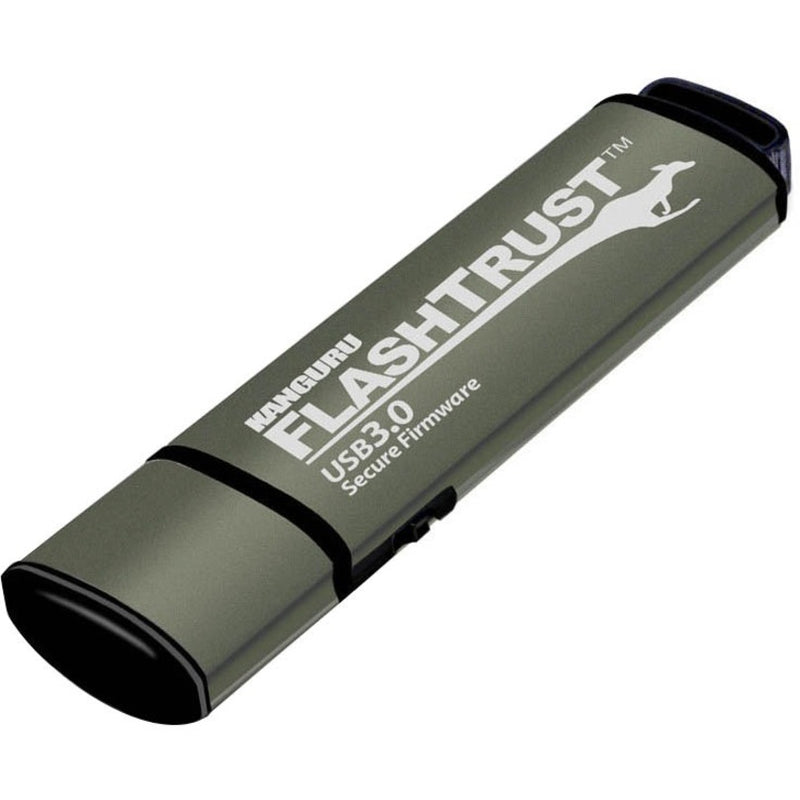 Kanguru FlashTrust USB 3.0 flash drive in metallic olive-gray finish with secure firmware and write protect switch