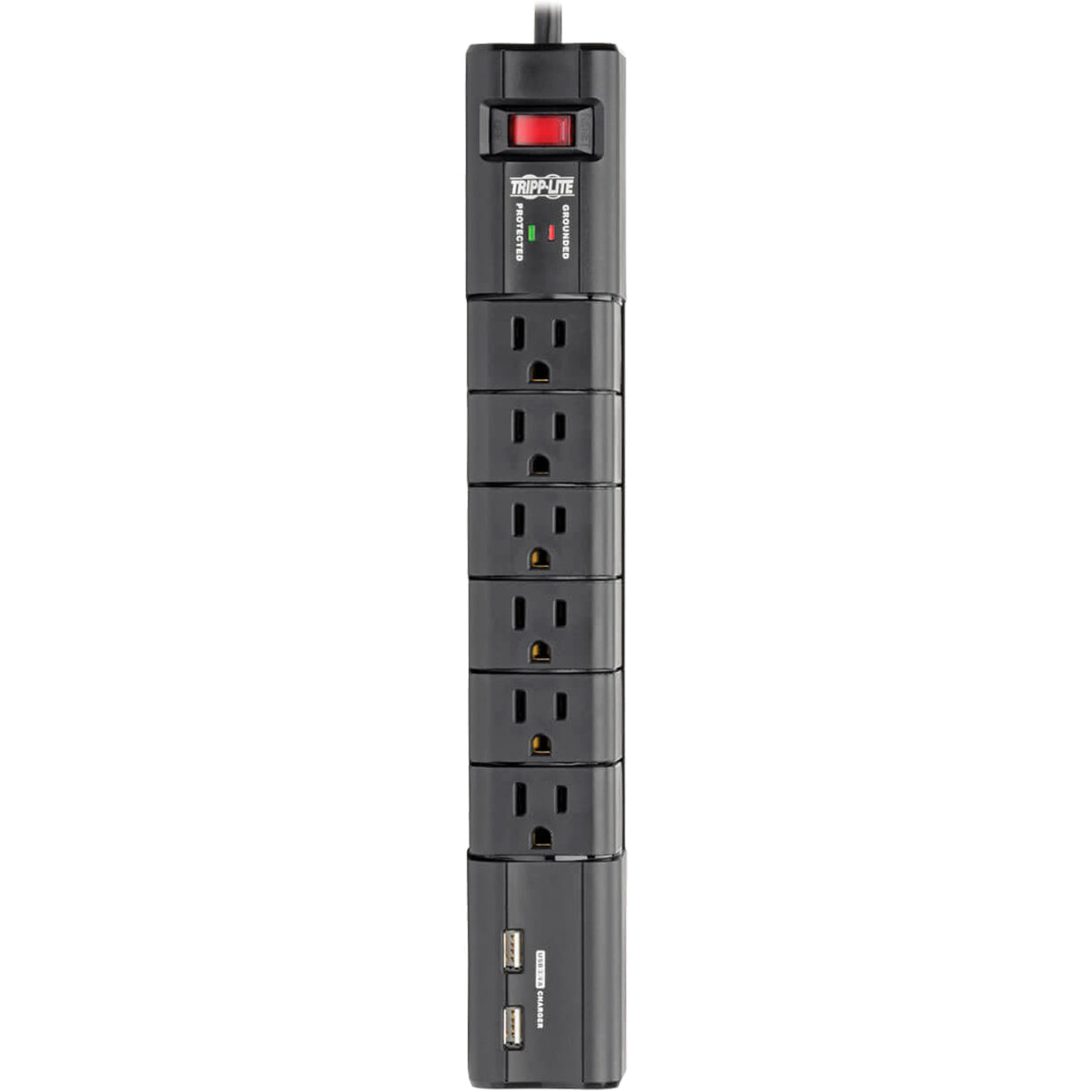 Vertical view of Tripp Lite surge protector showing LED indicators and outlet arrangement-alternate-image5