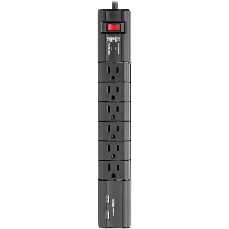 Vertical view of Tripp Lite surge protector showing LED indicators and outlet arrangement