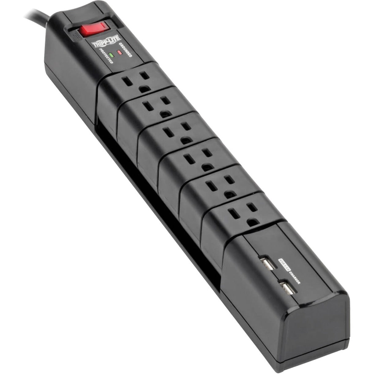 Tripp Lite TLP608RUSBB surge protector showing 6 rotatable outlets and dual USB ports in black housing-alternate-image1