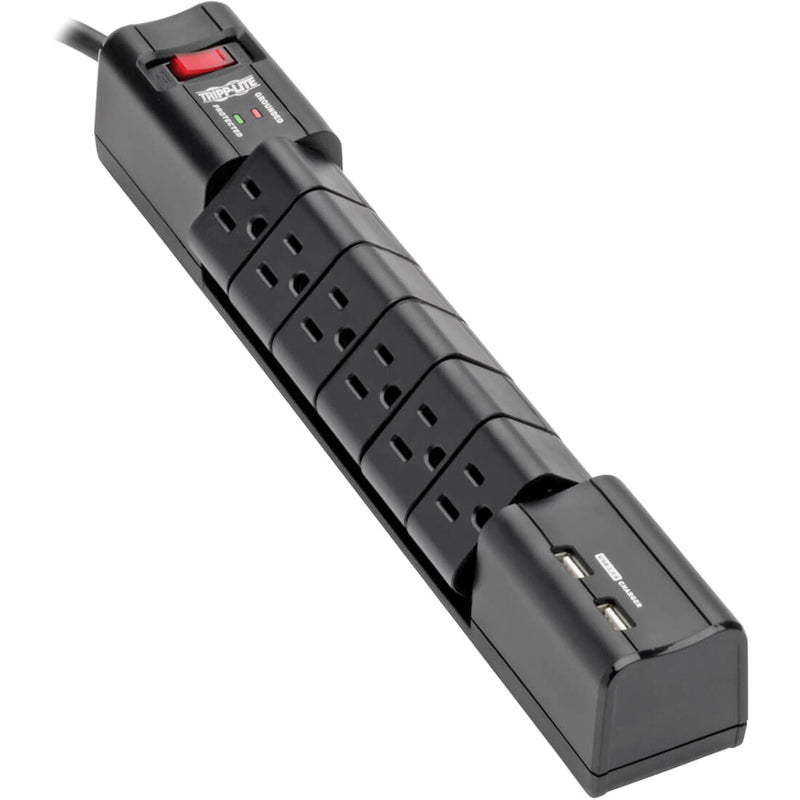 Angled view of Tripp Lite surge protector highlighting streamlined design