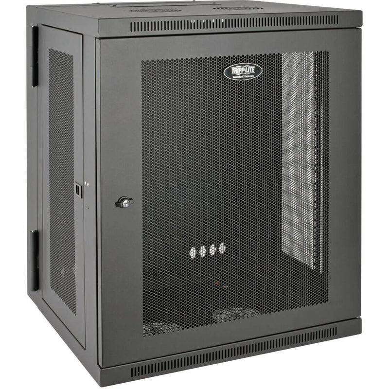 Front view of Tripp Lite SRW15US 15U wall-mount rack enclosure showing perforated mesh door and vented panels