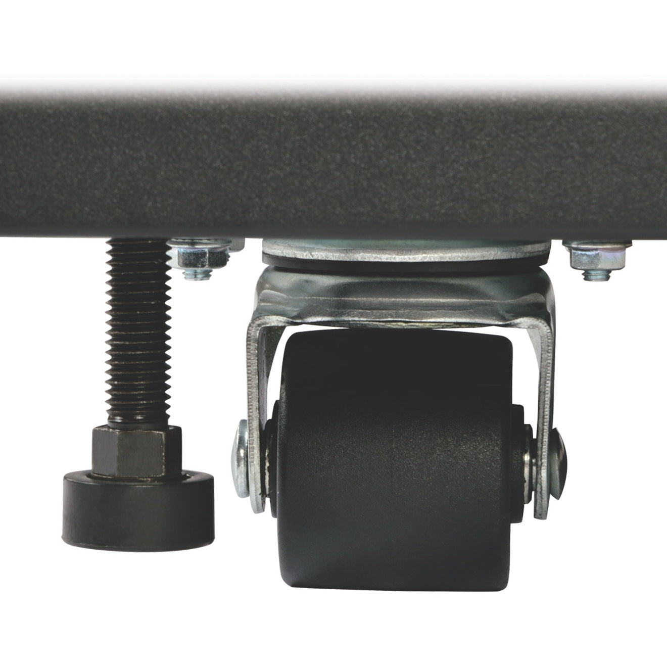 Close-up of Tripp Lite SR12UBFFD leveling feet and caster system-alternate-image7