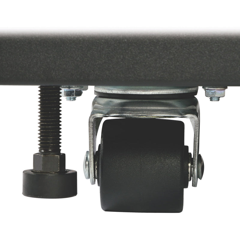 Close-up of Tripp Lite SR12UBFFD leveling feet and caster system