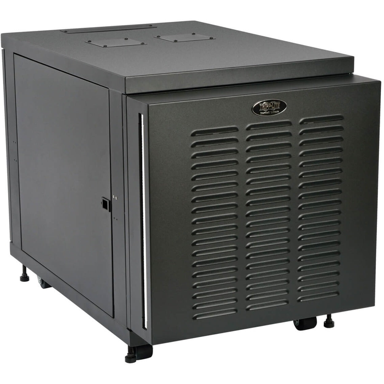 Side view of Tripp Lite SR12UBFFD rack enclosure showing ventilated panel design and cooling system-alternate-image1