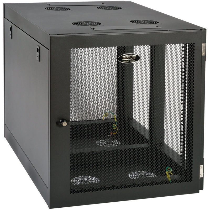 Front view of Tripp Lite SRW12UHD rack enclosure showing mesh door and cooling fan arrangement