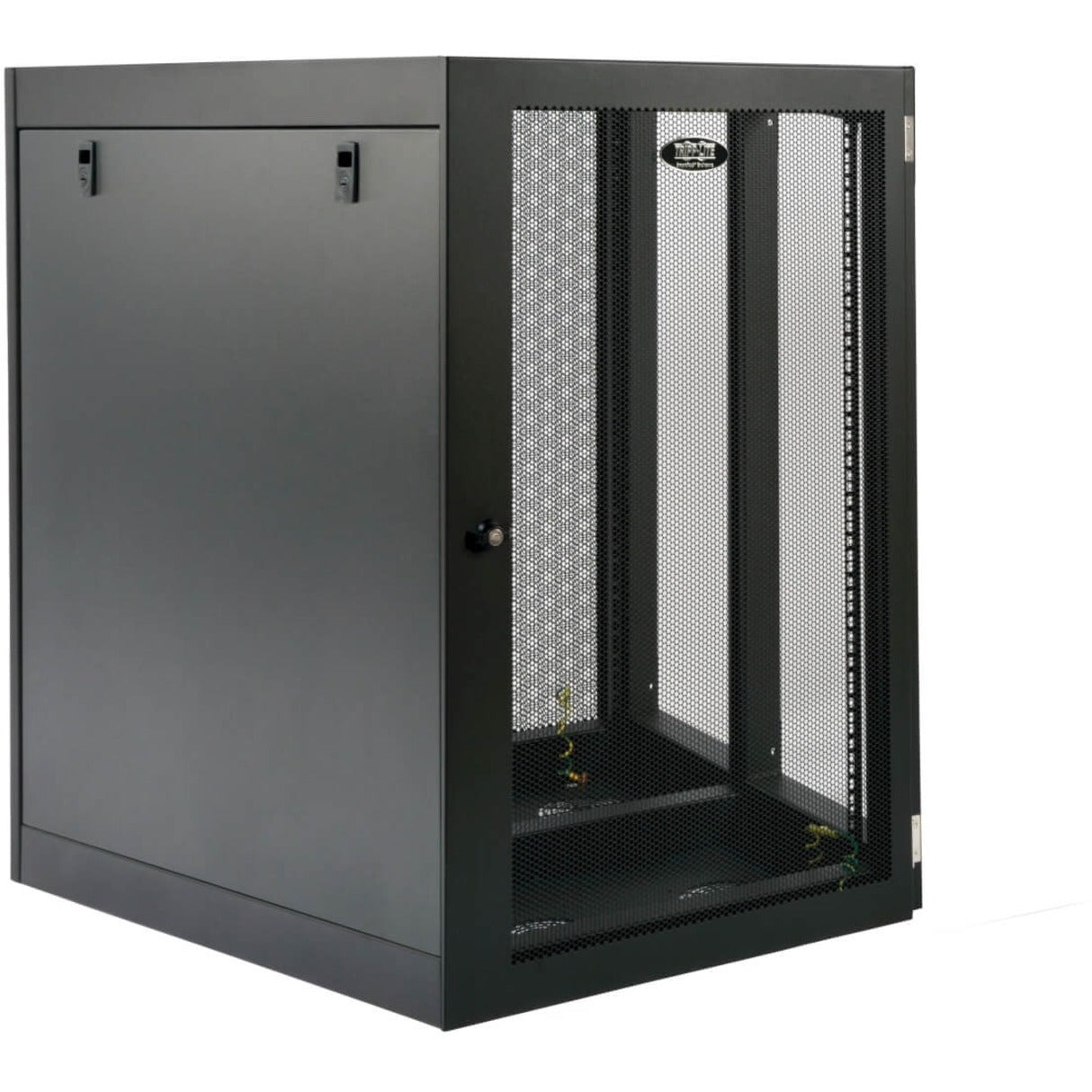 Front view of Tripp Lite SRW18UHD wall-mount rack enclosure showing solid side panel and mesh front door-alternate-image1