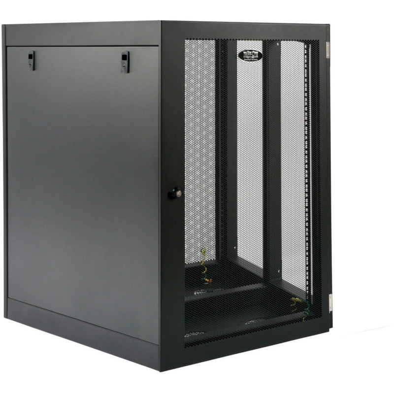 Front view of Tripp Lite SRW18UHD wall-mount rack enclosure showing solid side panel and mesh front door