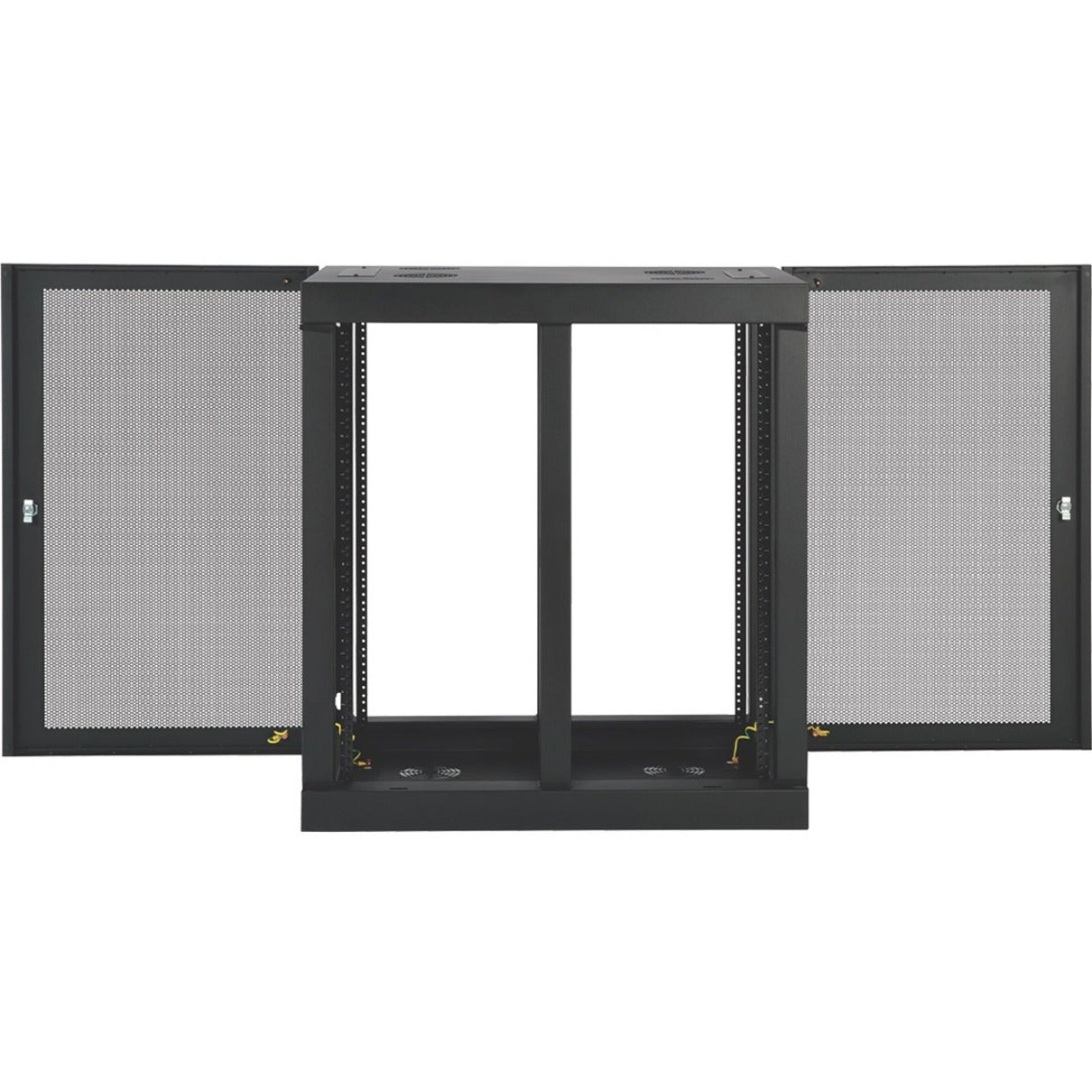 Open view of SRW18UHD rack showing both mesh doors extended and internal mounting rails-alternate-image2