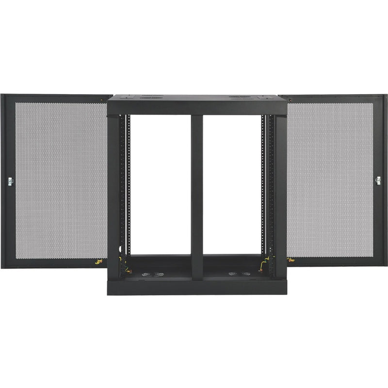 Open view of SRW18UHD rack showing both mesh doors extended and internal mounting rails