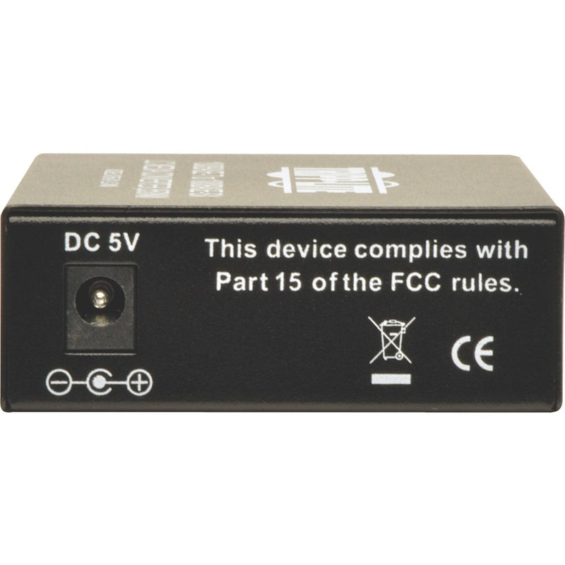 Close-up of media converter compliance information and power specifications