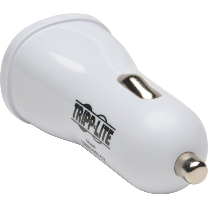 Side view of Tripp Lite USB car charger showing curved design and branding