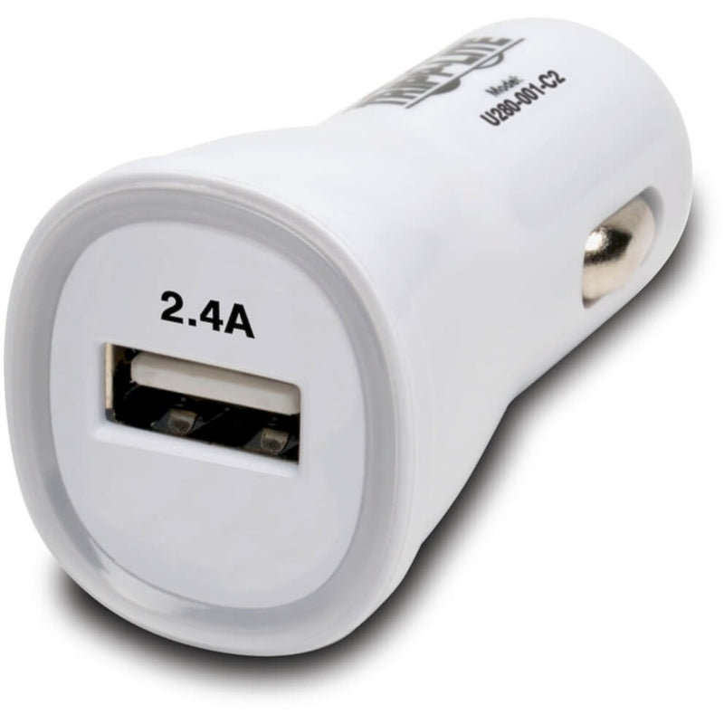 Front view of white Tripp Lite USB car charger showing 2.4A USB port