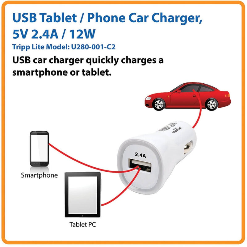 Infographic showing car charger connection to smartphone and tablet