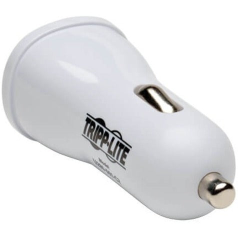 Angled view of white Tripp Lite car charger showing sleek design