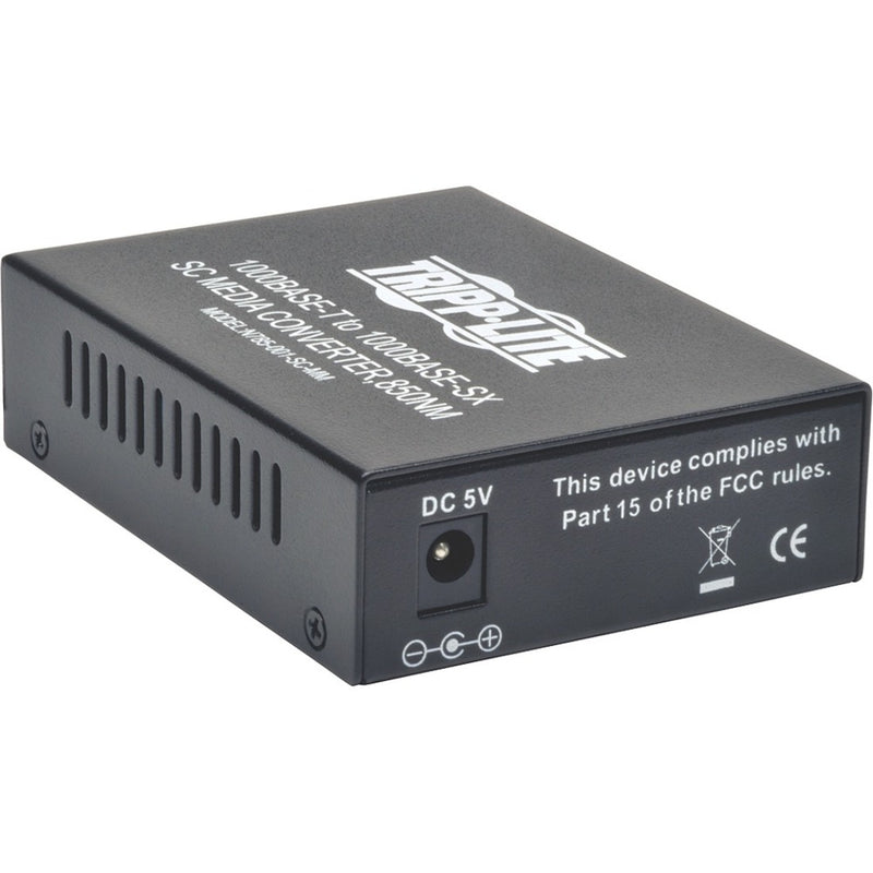 DC 5V power input port and regulatory compliance information on Tripp Lite media converter