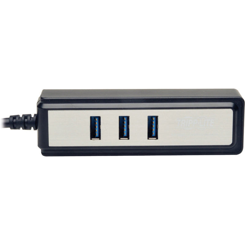 Front view of Tripp Lite USB hub showing three USB 3.0 ports with silver accent strip