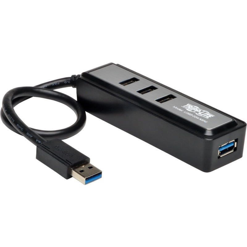 Tripp Lite 4-port USB 3.0 hub showing side view with built-in cable and four USB ports